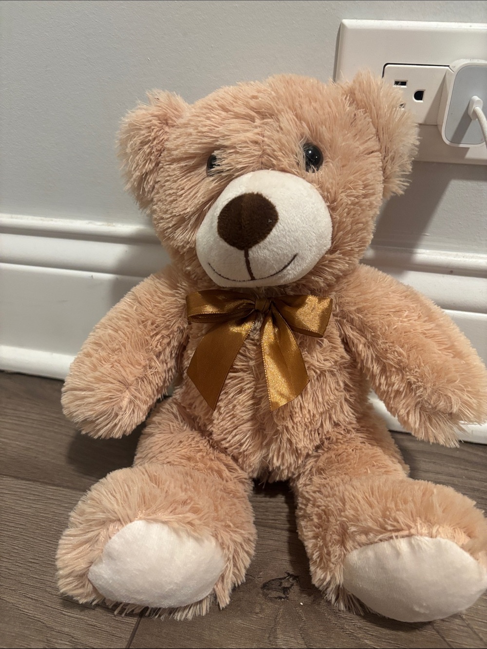 Plush Teddy Bear with Gold Bow - Soft Tan Stuffed Animal